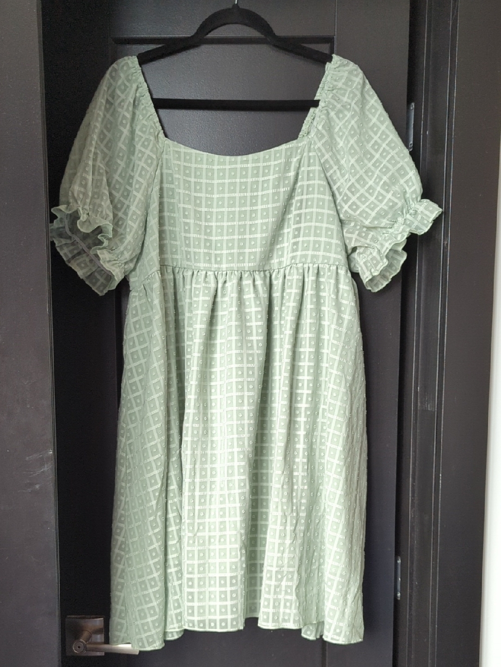 SHEIN Mint Green Square-Texture Puff Sleeve Babydoll Dress